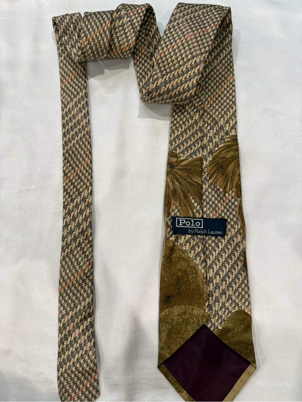 Polo by Ralph Lauren Palm Golfers Pattern Plaid Silk Mens Tie Brown Multicolor - Picture 7 of 10